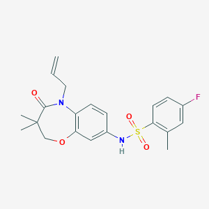 molecular formula C21H23FN2O4S B2493651 N-(5-烯丙基-3,3-二甲基-4-氧代-2,3,4,5-四氢苯并[b][1,4]噁唑-8-基)-4-氟-2-甲基苯磺酰胺 CAS No. 921996-88-5