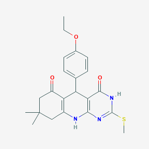 molecular formula C22H25N3O3S B2493709 5-(4-ethoxyphenyl)-8,8-dimethyl-2-(methylthio)-7,8,9,10-tetrahydropyrimido[4,5-b]quinoline-4,6(3H,5H)-dione CAS No. 537044-13-6