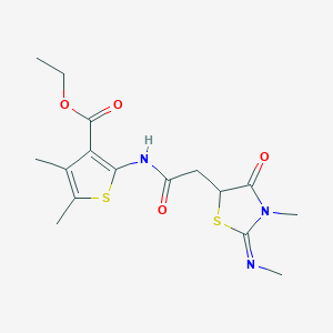 molecular formula C16H21N3O4S2 B2493732 乙酸-4,5-二甲基-2-[[2-(3-甲基-2-甲基亚胺-4-氧代-1,3-噻唑烷-5-基)乙酰]氨基]噻吩-3-羧酯 CAS No. 1164457-52-6