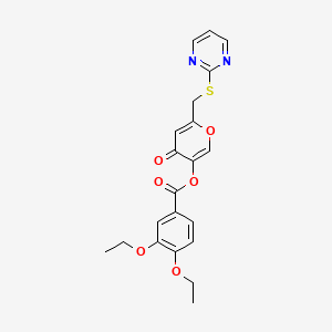molecular formula C21H20N2O6S B2493744 4-oxo-6-((pyrimidin-2-ylthio)methyl)-4H-pyran-3-yl 3,4-diethoxybenzoate CAS No. 877635-96-6