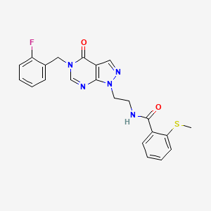 molecular formula C22H20FN5O2S B2493777 N-(2-(5-(2-fluorobenzyl)-4-oxo-4,5-dihydro-1H-pyrazolo[3,4-d]pyrimidin-1-yl)ethyl)-2-(methylthio)benzamide CAS No. 922010-39-7