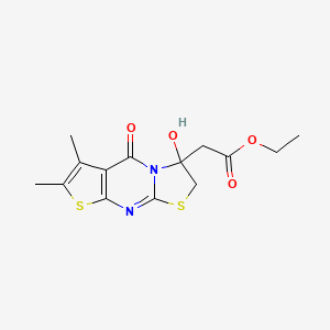 molecular formula C14H16N2O4S2 B2493798 ethyl (3-hydroxy-6,7-dimethyl-5-oxo-2,3-dihydro-5H-[1,3]thiazolo[3,2-a]thieno[2,3-d]pyrimidin-3-yl)acetate CAS No. 327094-67-7