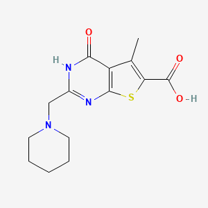 molecular formula C14H17N3O3S B2493806 5-Methyl-4-oxo-2-(piperidin-1-ylmethyl)-3,4-dihydrothieno[2,3-d]pyrimidine-6-carboxylic acid CAS No. 917089-50-0