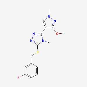 molecular formula C15H16FN5OS B2493809 3-((3-fluorobenzyl)thio)-5-(3-methoxy-1-methyl-1H-pyrazol-4-yl)-4-methyl-4H-1,2,4-triazole CAS No. 1014072-53-7