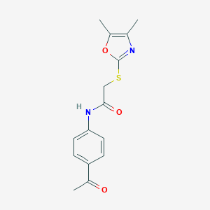 molecular formula C15H16N2O3S B249384 N-(4-acetylphenyl)-2-[(4,5-dimethyl-1,3-oxazol-2-yl)sulfanyl]acetamide 