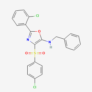 molecular formula C22H16Cl2N2O3S B2493857 N-benzyl-2-(2-chlorophenyl)-4-(4-chlorophenyl)sulfonyl-1,3-oxazol-5-amine CAS No. 276263-63-9