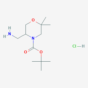 molecular formula C12H25ClN2O3 B2493865 Tert-butyl 5-(aminomethyl)-2,2-dimethylmorpholine-4-carboxylate;hydrochloride CAS No. 2413898-68-5