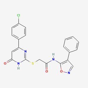 molecular formula C21H15ClN4O3S B2493881 2-((4-(4-chlorophenyl)-6-oxo-1,6-dihydropyrimidin-2-yl)thio)-N-(4-phenylisoxazol-5-yl)acetamide CAS No. 1040648-13-2
