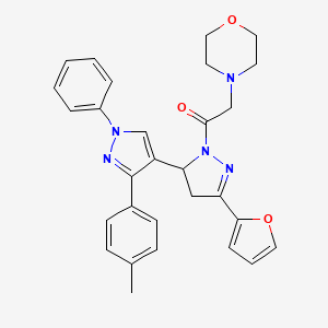molecular formula C29H29N5O3 B2493898 1-[5-(furan-2-yl)-3'-(4-methylphenyl)-1'-phenyl-3,4-dihydro-1'H,2H-[3,4'-bipyrazole]-2-yl]-2-(morpholin-4-yl)ethan-1-one CAS No. 1020051-90-4