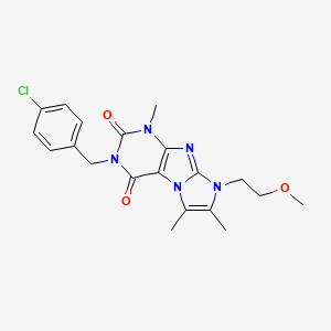 molecular formula C20H22ClN5O3 B2493912 2-[(4-Chlorophenyl)methyl]-6-(2-methoxyethyl)-4,7,8-trimethylpurino[7,8-a]imidazole-1,3-dione CAS No. 878411-01-9