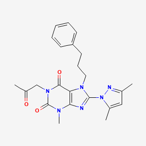 molecular formula C23H26N6O3 B2493933 8-(3,5-dimethyl-1H-pyrazol-1-yl)-3-methyl-1-(2-oxopropyl)-7-(3-phenylpropyl)-2,3,6,7-tetrahydro-1H-purine-2,6-dione CAS No. 1013874-37-7