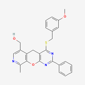 molecular formula C26H23N3O3S B2493961 (4-((3-methoxybenzyl)thio)-9-methyl-2-phenyl-5H-pyrido[4',3':5,6]pyrano[2,3-d]pyrimidin-6-yl)methanol CAS No. 892415-06-4