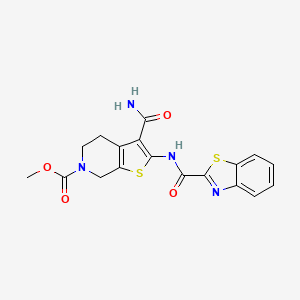 molecular formula C18H16N4O4S2 B2493994 2-(1,3-ベンゾチアゾール-2-アミド)-3-カルバモイル-4H,5H,6H,7H-チエノ[2,3-c]ピリジン-6-カルボン酸メチル CAS No. 886951-02-6