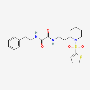 molecular formula C21H27N3O4S2 B2494050 N1-フェネチル-N2-(2-(1-(チオフェン-2-イルスルホニル)ピペリジン-2-イル)エチル)オキサラミド CAS No. 898406-37-6