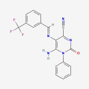 molecular formula C19H12F3N5O B2494066 6-Amino-2-oxo-1-phenyl-5-[[3-(trifluoromethyl)phenyl]methylideneamino]pyrimidine-4-carbonitrile CAS No. 1274948-19-4