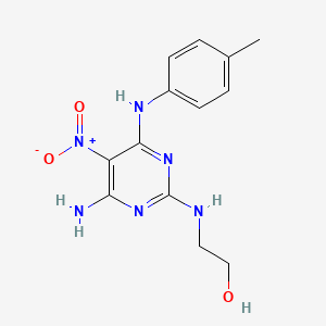molecular formula C13H16N6O3 B2494096 2-((4-Amino-5-nitro-6-(p-tolylamino)pyrimidin-2-yl)amino)ethanol CAS No. 836633-83-1