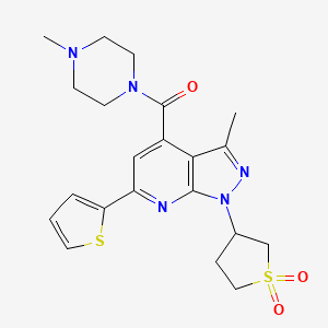 molecular formula C21H25N5O3S2 B2494108 (1-(1,1-dioxidotetrahydrothiophen-3-yl)-3-methyl-6-(thiophen-2-yl)-1H-pyrazolo[3,4-b]pyridin-4-yl)(4-methylpiperazin-1-yl)methanone CAS No. 1021250-66-7