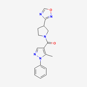molecular formula C17H17N5O2 B2494113 (3-(1,2,4-oxadiazol-3-yl)pyrrolidin-1-yl)(5-methyl-1-phenyl-1H-pyrazol-4-yl)methanone CAS No. 2034285-72-6
