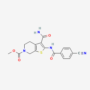 molecular formula C18H16N4O4S B2494182 甲基-3-氨基-2-(4-氰基苯甲酰氨基)-4,5-二氢噻吩[2,3-c]嘧啶-6(7H)-羧酸酯 CAS No. 886950-72-7