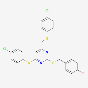 molecular formula C24H17Cl2FN2S3 B2494223 4-(4-Chlorophenyl)sulfanyl-6-[(4-chlorophenyl)sulfanylmethyl]-2-[(4-fluorophenyl)methylsulfanyl]pyrimidine CAS No. 341965-52-4