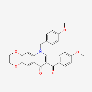 molecular formula C27H23NO6 B2494236 8-(4-Methoxybenzoyl)-6-[(4-methoxyphenyl)methyl]-2,3-dihydro-[1,4]dioxino[2,3-g]quinolin-9-one CAS No. 866809-51-0