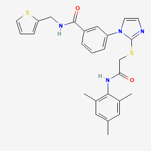 molecular formula C26H26N4O2S2 B2494251 3-(2-((2-(mesitylamino)-2-oxoethyl)thio)-1H-imidazol-1-yl)-N-(thiophen-2-ylmethyl)benzamide CAS No. 1115403-50-3