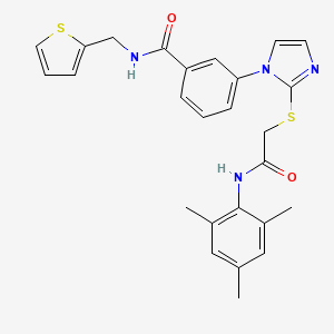 molecular formula C26H26N4O2S2 B2494251 N-[(thiophen-2-yl)methyl]-3-[2-({[(2,4,6-trimethylphenyl)carbamoyl]methyl}sulfanyl)-1H-imidazol-1-yl]benzamide CAS No. 1115403-50-3