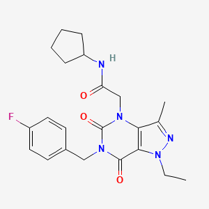 molecular formula C22H26FN5O3 B2494280 N-cyclopentyl-2-(1-ethyl-6-(4-fluorobenzyl)-3-methyl-5,7-dioxo-6,7-dihydro-1H-pyrazolo[4,3-d]pyrimidin-4(5H)-yl)acetamide CAS No. 1184981-48-3