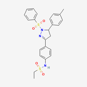 molecular formula C24H25N3O4S2 B2494284 N-[4-[2-(benzenesulfonyl)-3-(4-methylphenyl)-3,4-dihydropyrazol-5-yl]phenyl]ethanesulfonamide CAS No. 851781-37-8