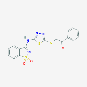 molecular formula C17H12N4O3S3 B249429 2-({5-[(1,1-Dioxido-1,2-benzisothiazol-3-yl)amino]-1,3,4-thiadiazol-2-yl}sulfanyl)-1-phenylethanone 