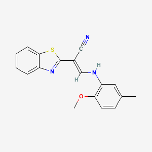 molecular formula C18H15N3OS B2494292 (2E)-2-(1,3-benzothiazol-2-yl)-3-[(2-methoxy-5-methylphenyl)amino]prop-2-enenitrile CAS No. 577995-94-9