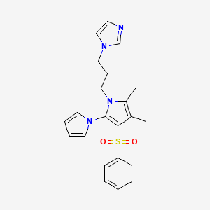 molecular formula C22H24N4O2S B2494348 1-[3-[4-(Benzenesulfonyl)-2,3-dimethyl-5-pyrrol-1-ylpyrrol-1-yl]propyl]imidazole CAS No. 860648-67-5