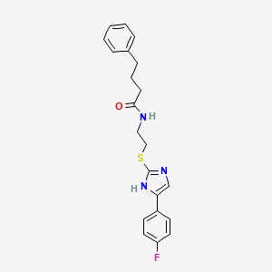 molecular formula C21H22FN3OS B2494380 N-(2-((5-(4-fluorophenyl)-1H-imidazol-2-yl)thio)ethyl)-4-phenylbutanamide CAS No. 897456-31-4