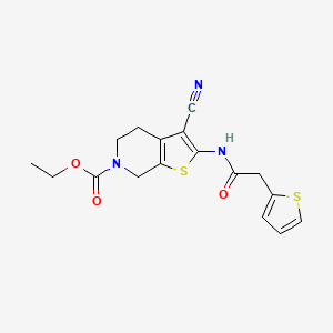 molecular formula C17H17N3O3S2 B2494538 ethyl 3-cyano-2-(2-(thiophen-2-yl)acetamido)-4,5-dihydrothieno[2,3-c]pyridine-6(7H)-carboxylate CAS No. 921862-90-0