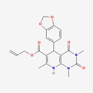 molecular formula C21H21N3O6 B2494565 Prop-2-enyl 5-(1,3-benzodioxol-5-yl)-1,3,7-trimethyl-2,4-dioxo-5,8-dihydropyrido[2,3-d]pyrimidine-6-carboxylate CAS No. 622362-46-3
