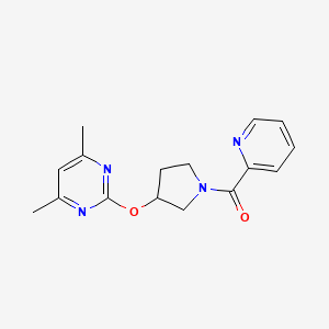 molecular formula C16H18N4O2 B2494568 (3-((4,6-Dimethylpyrimidin-2-yl)oxy)pyrrolidin-1-yl)(pyridin-2-yl)methanone CAS No. 2034434-37-0