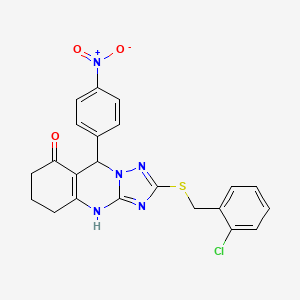 molecular formula C22H18ClN5O3S B2494620 2-((2-chlorobenzyl)thio)-9-(4-nitrophenyl)-5,6,7,9-tetrahydro-[1,2,4]triazolo[5,1-b]quinazolin-8(4H)-one CAS No. 536982-62-4