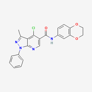 molecular formula C22H17ClN4O3 B2494623 4-氯-N-(2,3-二氢苯并[b][1,4]二噁烷-6-基)-3-甲基-1-苯基-1H-吡唑并[3,4-b]吡啶-5-甲酰胺 CAS No. 899952-77-3