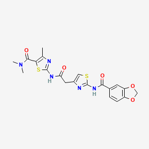 molecular formula C20H19N5O5S2 B2494629 2-(2-(2-(benzo[d][1,3]dioxole-5-carboxamido)thiazol-4-yl)acetamido)-N,N,4-trimethylthiazole-5-carboxamide CAS No. 1203298-36-5