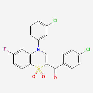 molecular formula C21H12Cl2FNO3S B2494674 (4-chlorophenyl)[4-(3-chlorophenyl)-6-fluoro-1,1-dioxido-4H-1,4-benzothiazin-2-yl]methanone CAS No. 1114657-08-7