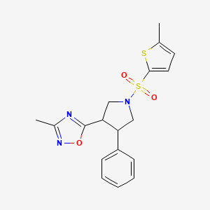 molecular formula C18H19N3O3S2 B2494728 3-Methyl-5-(1-((5-methylthiophen-2-yl)sulfonyl)-4-phenylpyrrolidin-3-yl)-1,2,4-oxadiazole CAS No. 1903382-48-8