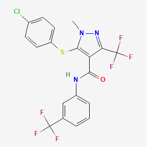 molecular formula C19H12ClF6N3OS B2494737 5-[(4-chlorophenyl)sulfanyl]-1-methyl-3-(trifluoromethyl)-N-[3-(trifluoromethyl)phenyl]-1H-pyrazole-4-carboxamide CAS No. 321553-23-5
