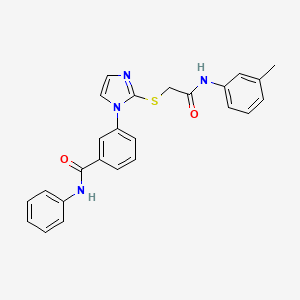 molecular formula C25H22N4O2S B2494745 3-(2-((2-oxo-2-(m-tolylamino)ethyl)thio)-1H-imidazol-1-yl)-N-phenylbenzamide CAS No. 1115336-37-2