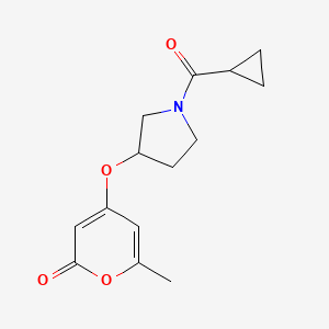 molecular formula C14H17NO4 B2494819 4-((1-(cyclopropanecarbonyl)pyrrolidin-3-yl)oxy)-6-methyl-2H-pyran-2-one CAS No. 1795301-22-2