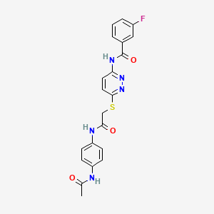 molecular formula C21H18FN5O3S B2494838 N-(6-((2-((4-acetamidophenyl)amino)-2-oxoethyl)thio)pyridazin-3-yl)-3-fluorobenzamide CAS No. 1021075-50-2