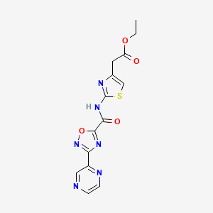 molecular formula C14H12N6O4S B2494867 Ethyl 2-(2-(3-(pyrazin-2-yl)-1,2,4-oxadiazole-5-carboxamido)thiazol-4-yl)acetate CAS No. 1219903-83-9