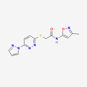 molecular formula C13H12N6O2S B2494894 2-((6-(1H-pyrazol-1-yl)pyridazin-3-yl)thio)-N-(3-methylisoxazol-5-yl)acetamide CAS No. 1351614-41-9