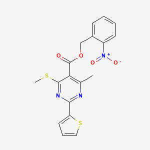 molecular formula C18H15N3O4S2 B2494907 (2-Nitrophenyl)methyl 4-methyl-6-methylsulfanyl-2-thiophen-2-ylpyrimidine-5-carboxylate CAS No. 1050557-27-1