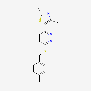 molecular formula C17H17N3S2 B2494945 2,4-Dimethyl-5-(6-((4-methylbenzyl)thio)pyridazin-3-yl)thiazole CAS No. 896058-59-6