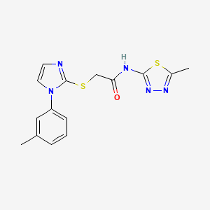 molecular formula C15H15N5OS2 B2495304 N-(5-methyl-1,3,4-thiadiazol-2-yl)-2-((1-(m-tolyl)-1H-imidazol-2-yl)thio)acetamide CAS No. 851130-92-2